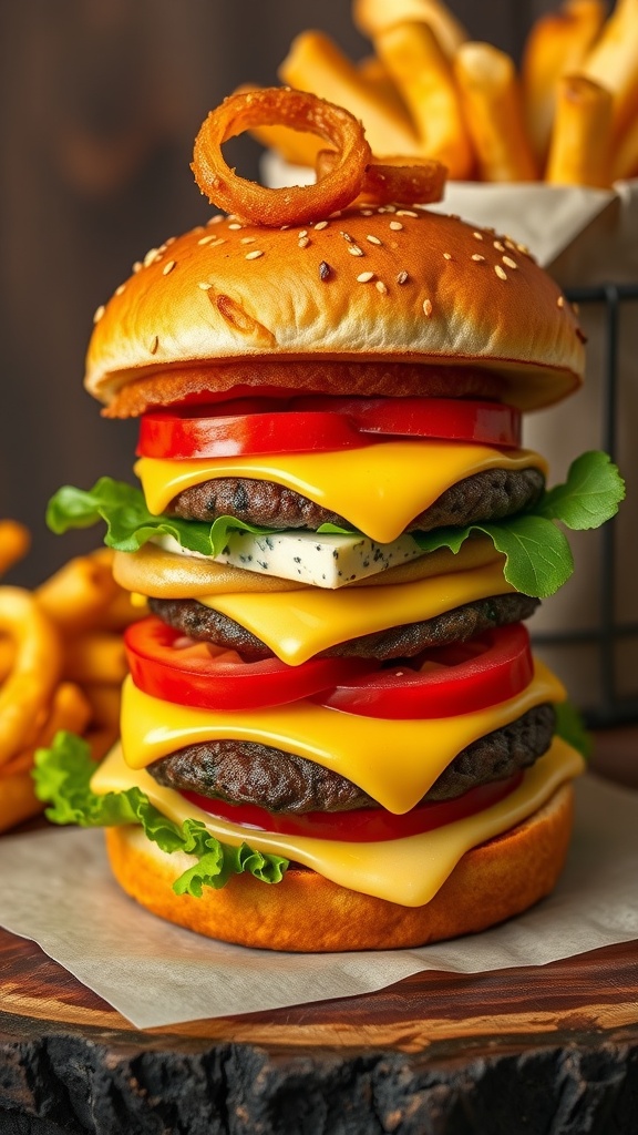 A delicious four-cheese burger with melted cheeses, lettuce, tomato, and onion on a toasted bun, alongside crispy fries.